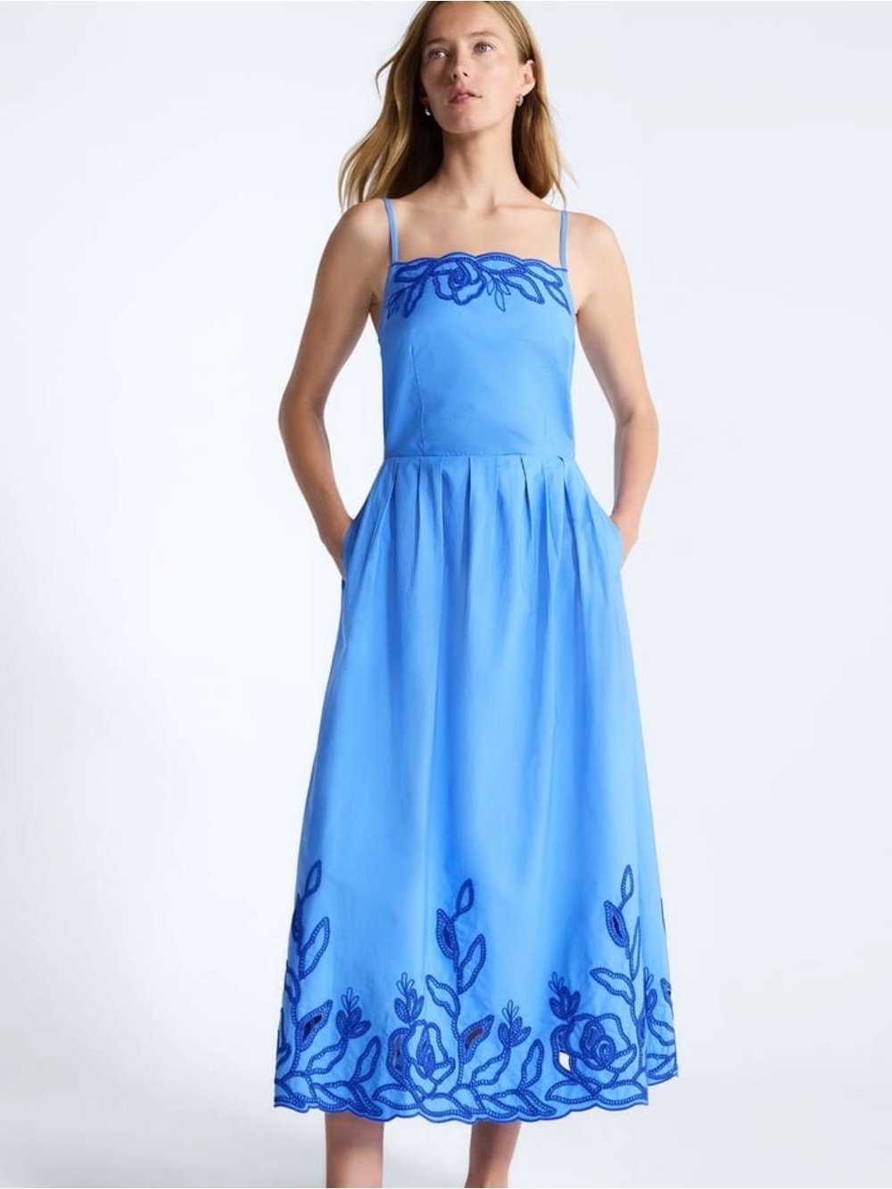 Sky Blue Embroidered Maxi Dress with Spaghetti Straps